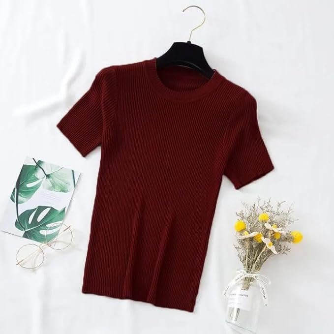 Slim Fit Plain Stretchable Round Neck Rib Knit Short Sleeve Regular Top for Women