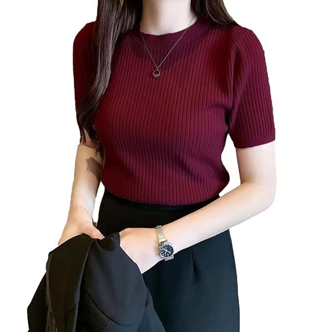 Slim Fit Plain Stretchable Round Neck Rib Knit Short Sleeve Regular Top for Women