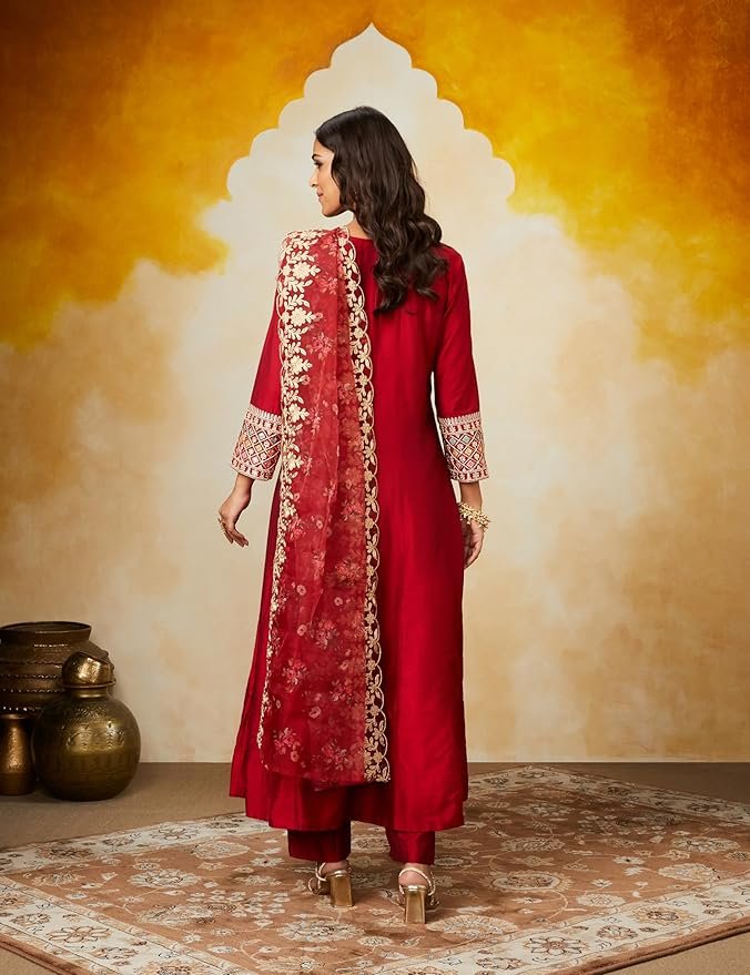 Women's Solid Straight Embroidered Kurta Pant Set with Organza Dupatta