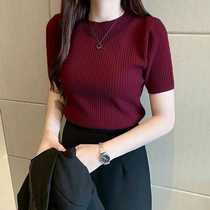 Slim Fit Plain Stretchable Round Neck Rib Knit Short Sleeve Regular Top for Women