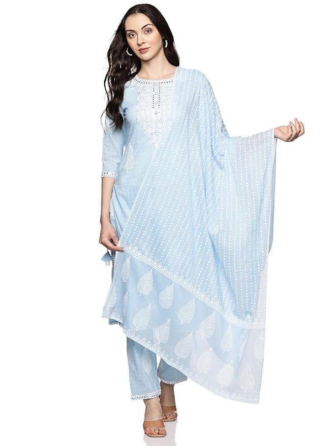 Floral Embroidered with Lace Straight Kurta Pant with Dupatta Set