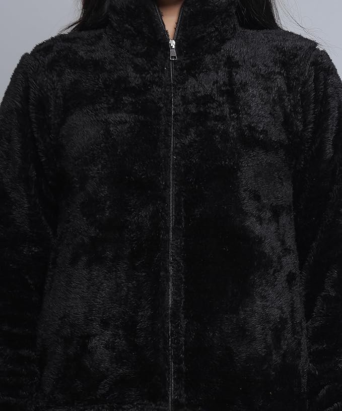 Women Stylish Fur Jacket, Winter Wear Jacket, Winter Wear Sweatshirt, Collared Neck Jacket with Front Zipper Closure