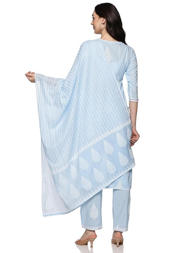 Floral Embroidered with Lace Straight Kurta Pant with Dupatta Set