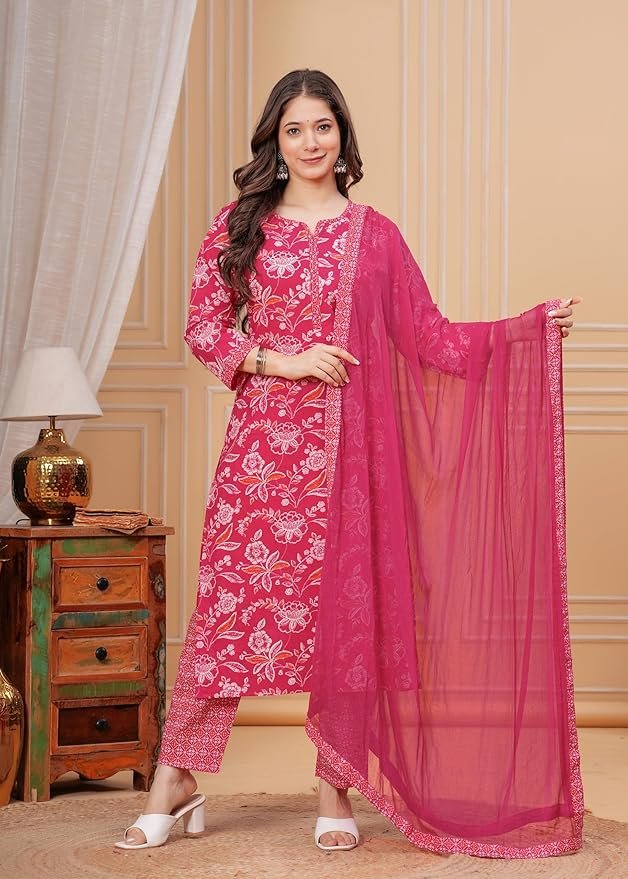 Floral Printed Pure Cotton Kurta With Palazzo & Dupatta